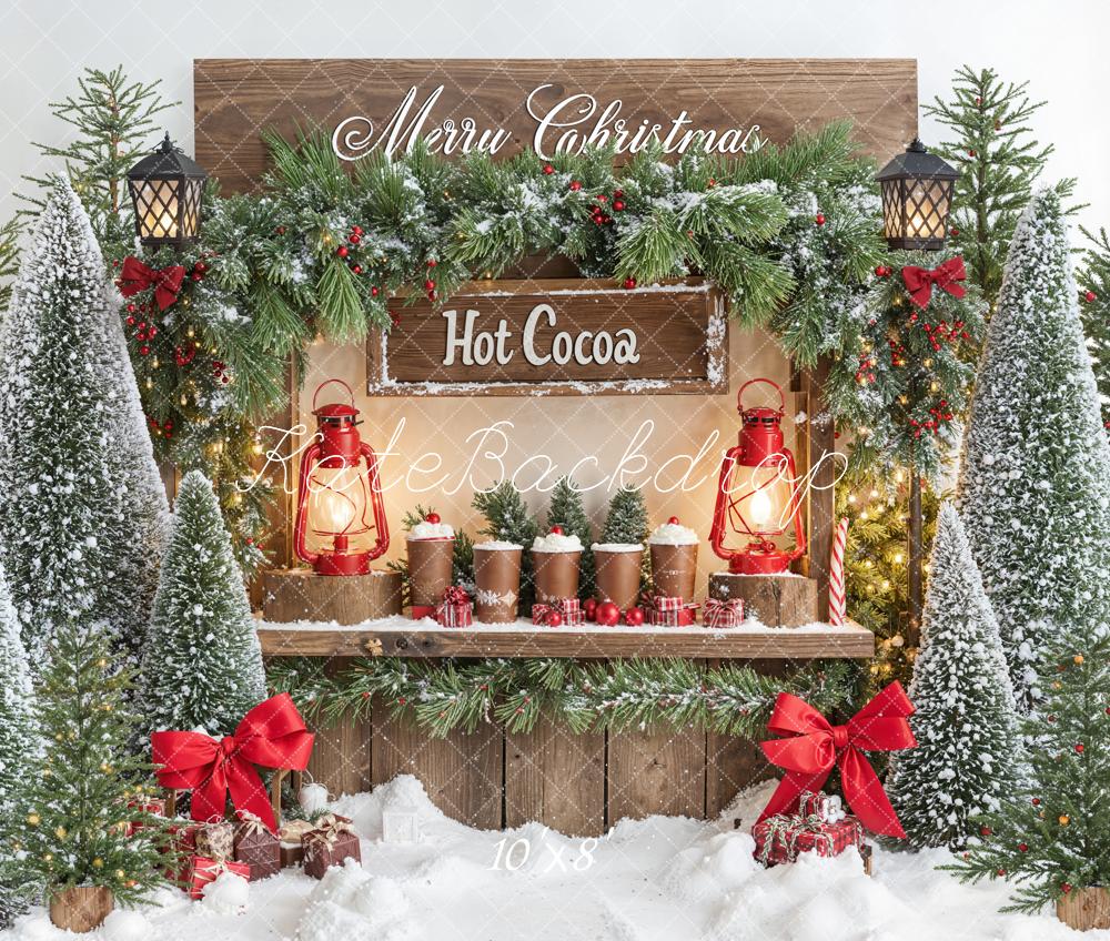 Kate Christmas Hot Cocoa Stand Snowy Trees Fleece Backdrop Designed by Emetselch - Image 3