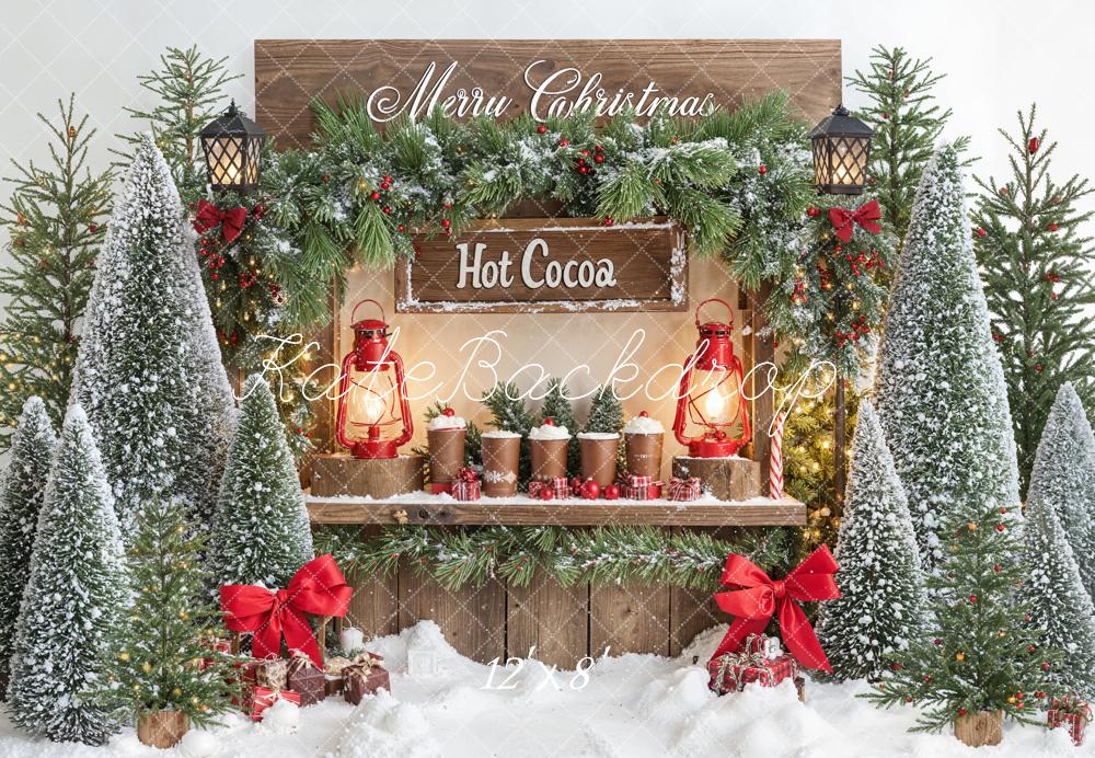 Kate Christmas Hot Cocoa Stand Snowy Trees Fleece Backdrop Designed by Emetselch - Image 4