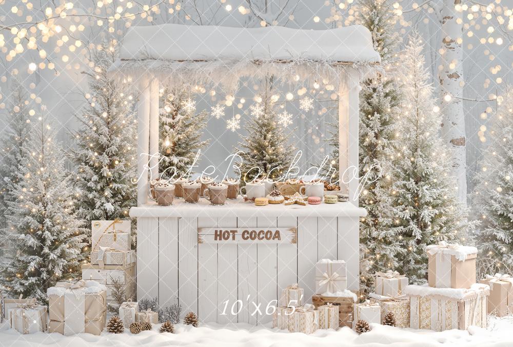 Kate Christmas Hot Cocoa Stand Snowy Trees Fleece Backdrop Designed by Emetselch - Image 2