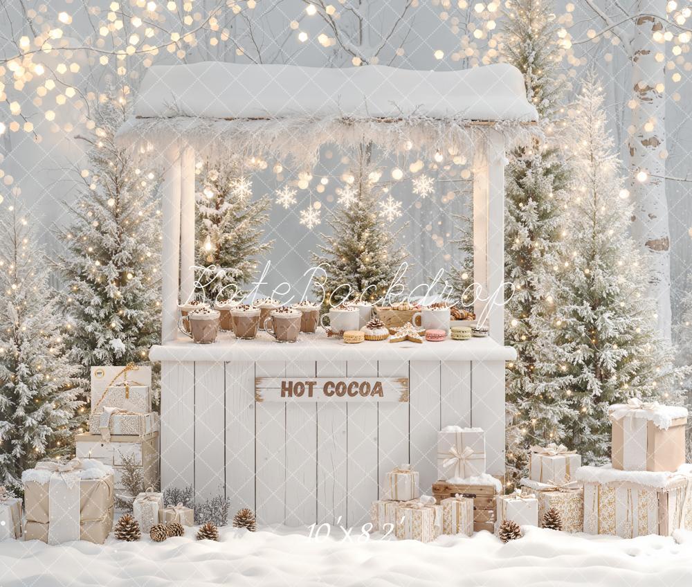 Kate Christmas Hot Cocoa Stand Snowy Trees Fleece Backdrop Designed by Emetselch - Image 3