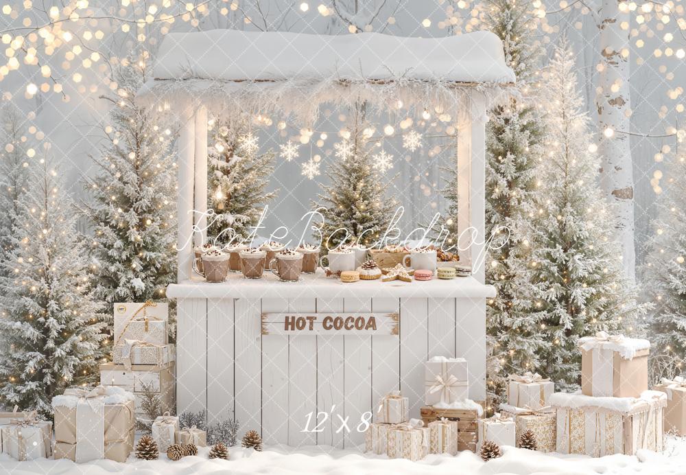 Kate Christmas Hot Cocoa Stand Snowy Trees Fleece Backdrop Designed by Emetselch - Image 4