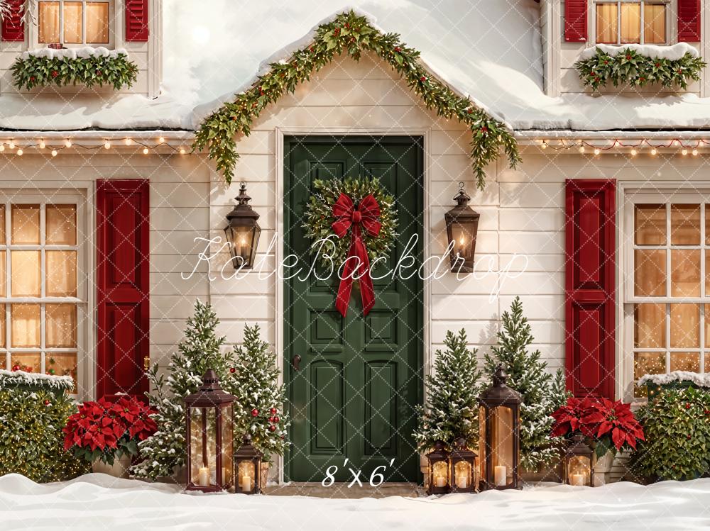 Kate Christmas House Green Door Wreath Backdrop Designed by Emetselch - Image 3