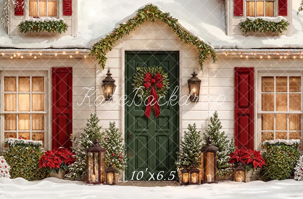Kate Christmas House Green Door Wreath Backdrop Designed by Emetselch - Image 4