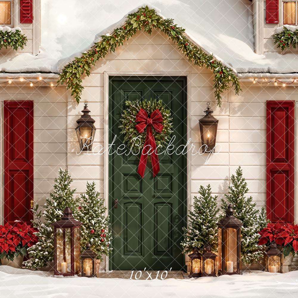 Kate Christmas House Green Door Wreath Backdrop Designed by Emetselch - Image 7