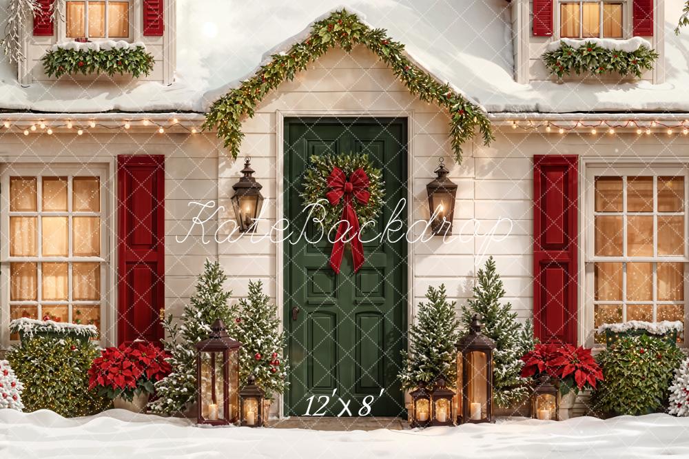 Kate Christmas House Green Door Wreath Backdrop Designed by Emetselch - Image 8