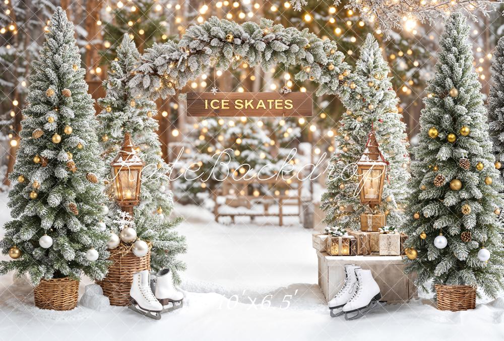 Kate Christmas Ice Skates Snowy Trees Arch Fleece Backdrop Designed by Emetselch - Image 2