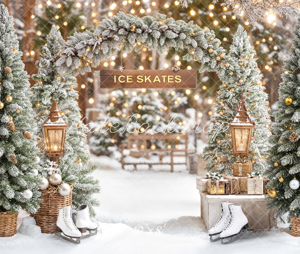 Kate Christmas Ice Skates Snowy Trees Arch Fleece Backdrop Designed by Emetselch - Image 3