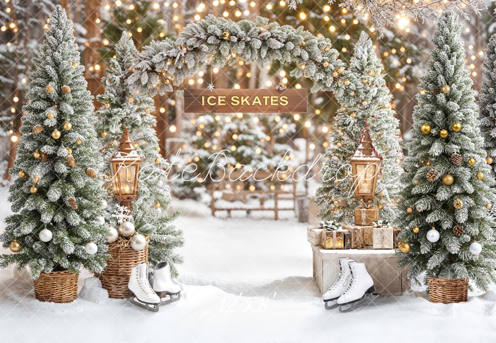 Kate Christmas Ice Skates Snowy Trees Arch Fleece Backdrop Designed by Emetselch - Image 4