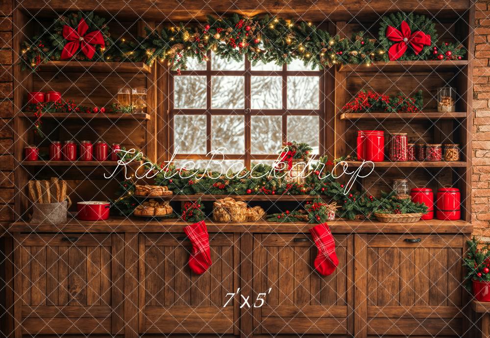 Kate Christmas Kitchen Brown Wooden Cabinets Red Stocking Backdrop Designed by Emetselch - Image 2