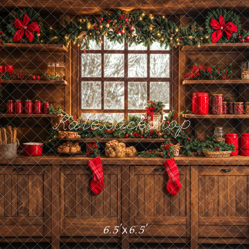 Kate Christmas Kitchen Brown Wooden Cabinets Red Stocking Backdrop Designed by Emetselch - Image 3