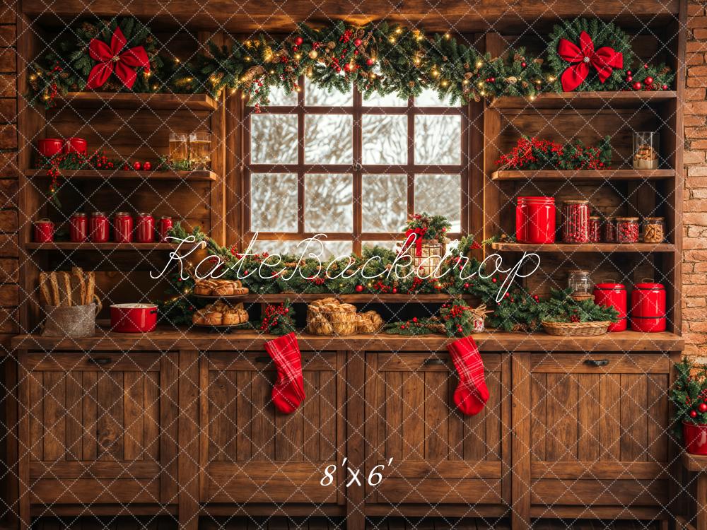 Kate Christmas Kitchen Brown Wooden Cabinets Red Stocking Backdrop Designed by Emetselch - Image 4
