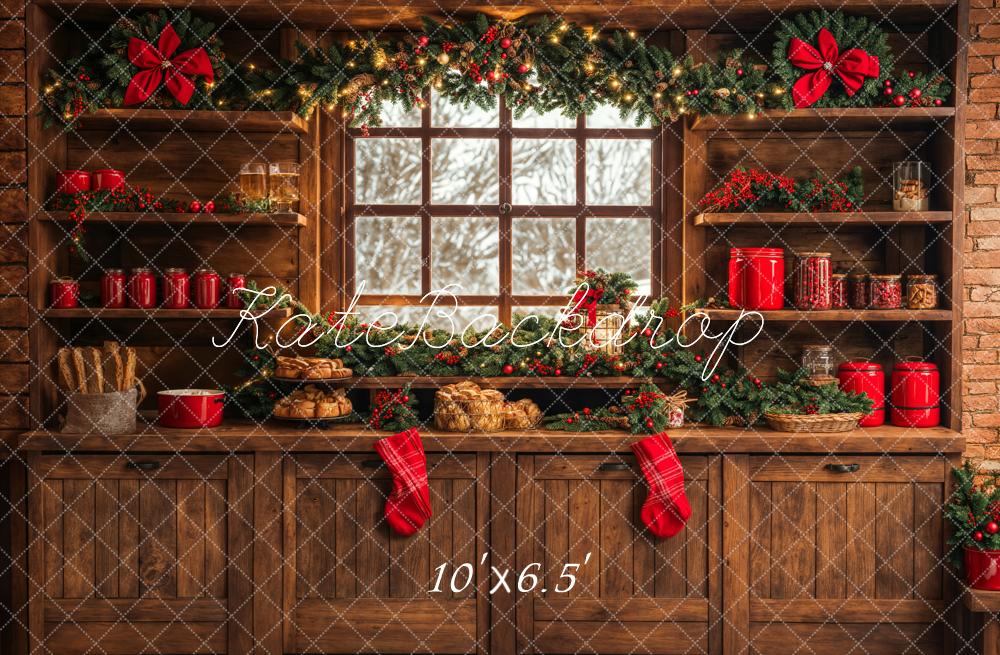 Kate Christmas Kitchen Brown Wooden Cabinets Red Stocking Backdrop Designed by Emetselch - Image 5