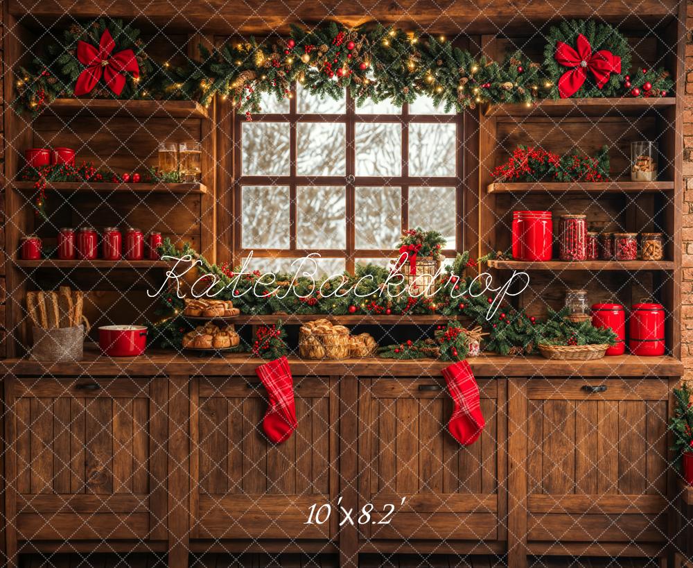 Kate Christmas Kitchen Brown Wooden Cabinets Red Stocking Backdrop Designed by Emetselch - Image 6