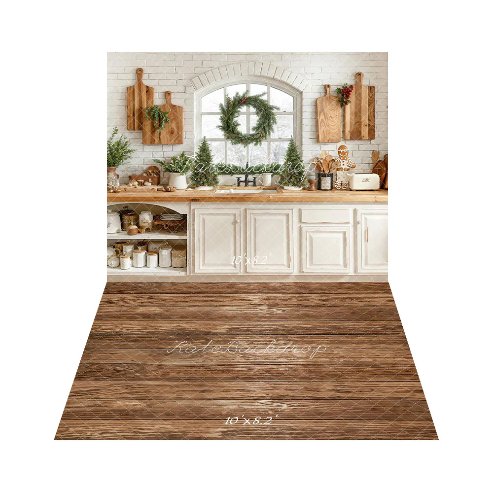 Kate Christmas Kitchen Cabinet Window Wreath +Brown Wooden Plank Floor Backdrop - Image 2