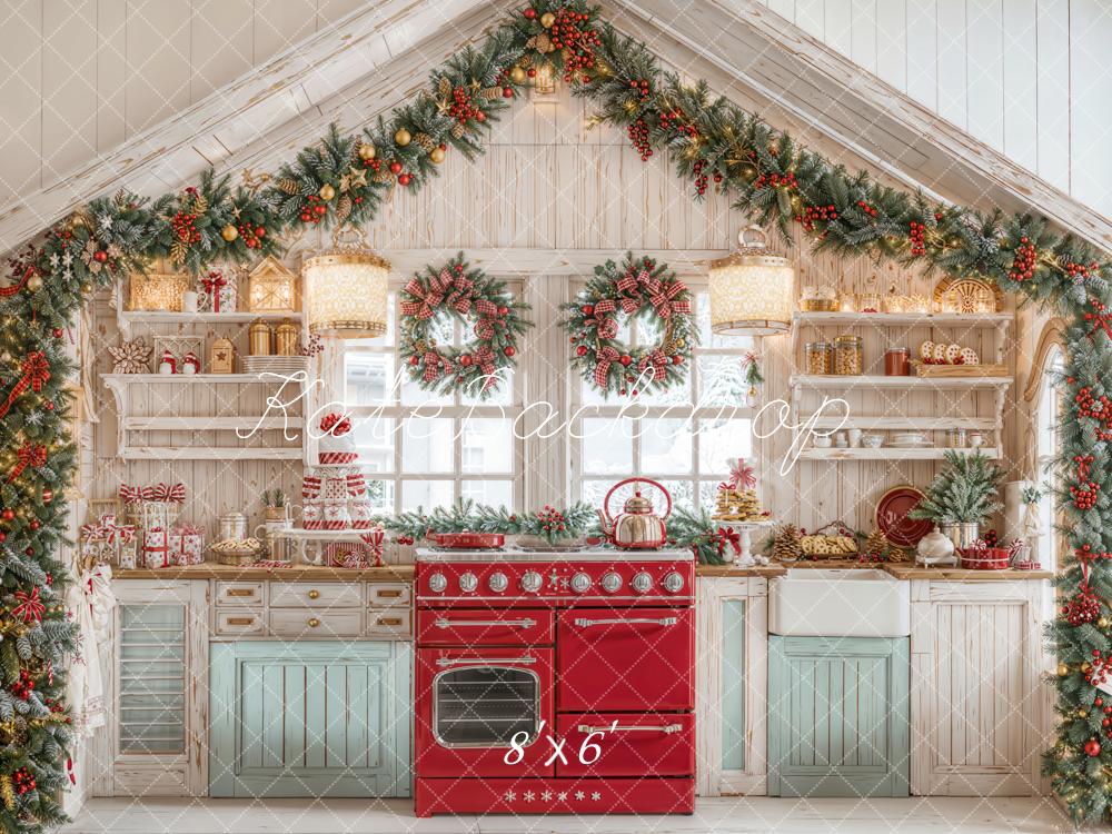 Kate Christmas Kitchen Garland Red Oven Fleece Backdrop Designed by Emetselch