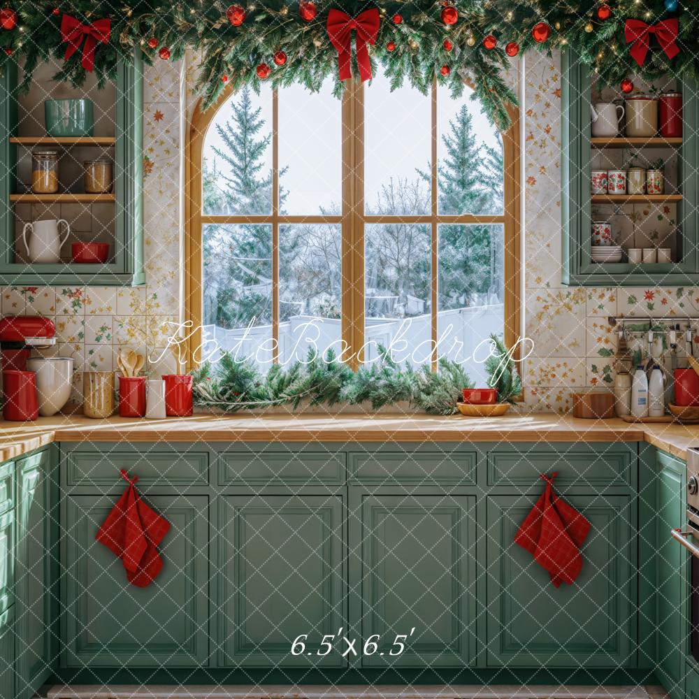 Kate Christmas Kitchen Green Cabinets Winter Window Backdrop Designed by Emetselch - Image 2