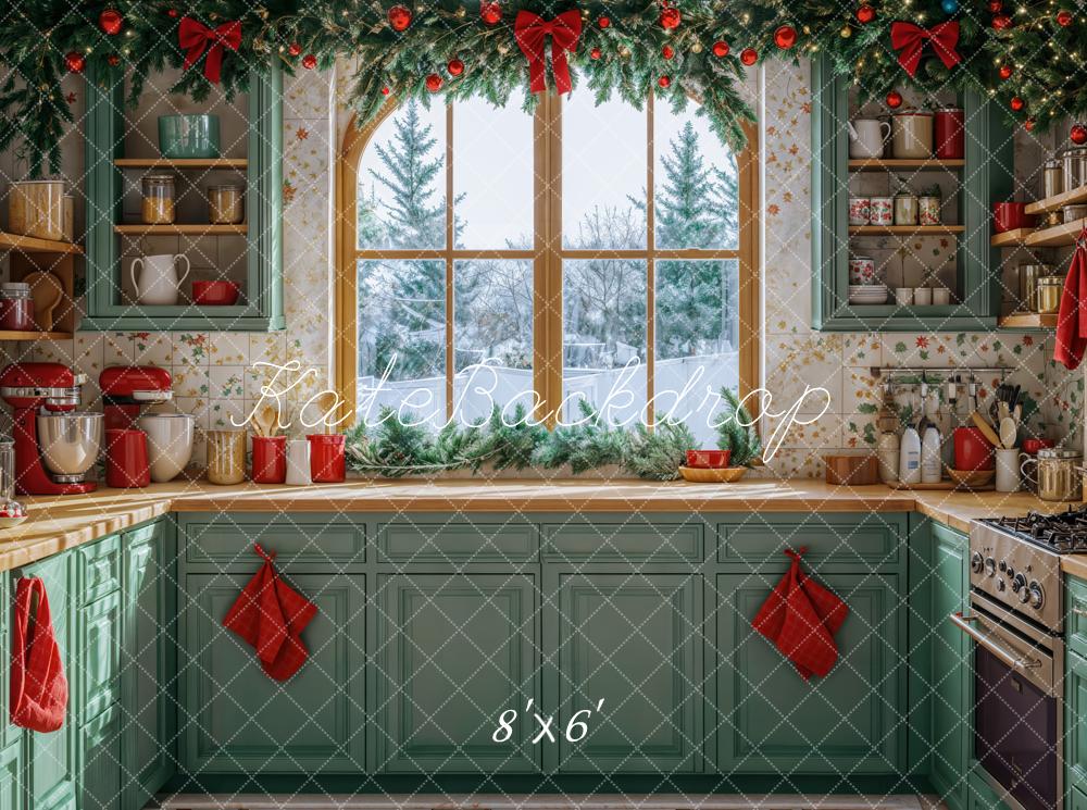 Kate Christmas Kitchen Green Cabinets Winter Window Backdrop Designed by Emetselch - Image 3