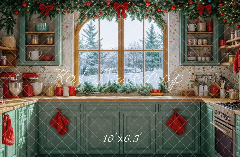 Kate Christmas Kitchen Green Cabinets Winter Window Backdrop Designed by Emetselch - Image 4
