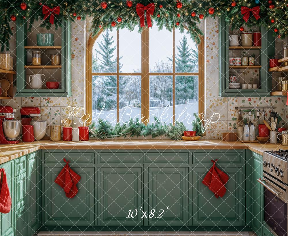 Kate Christmas Kitchen Green Cabinets Winter Window Backdrop Designed by Emetselch - Image 5