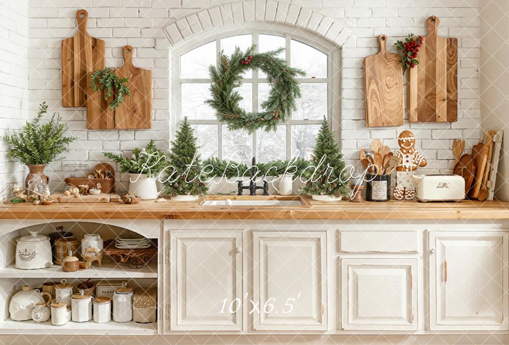 Kate Christmas Kitchen Greenery Fleece Backdrop Designed by Emetselch - Image 2