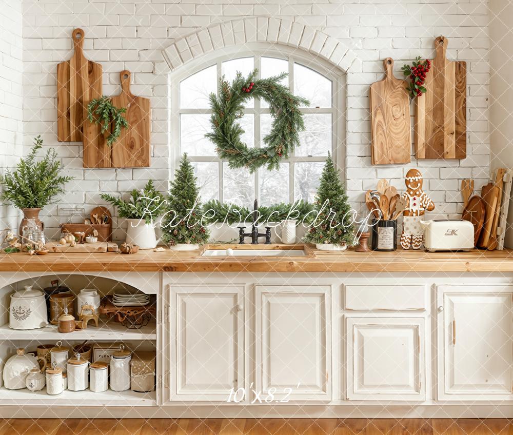 Kate Christmas Kitchen Greenery Fleece Backdrop Designed by Emetselch - Image 3