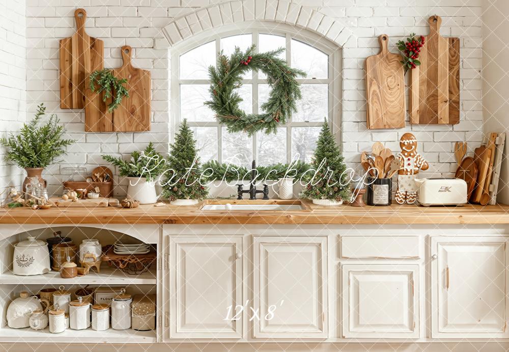 Kate Christmas Kitchen Greenery Fleece Backdrop Designed by Emetselch - Image 4