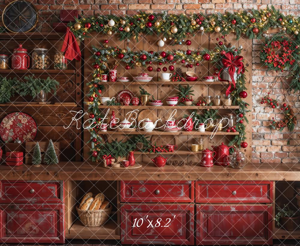 Kate Christmas Kitchen Red Cupboard Backdrop Designed by Emetselch - Image 11