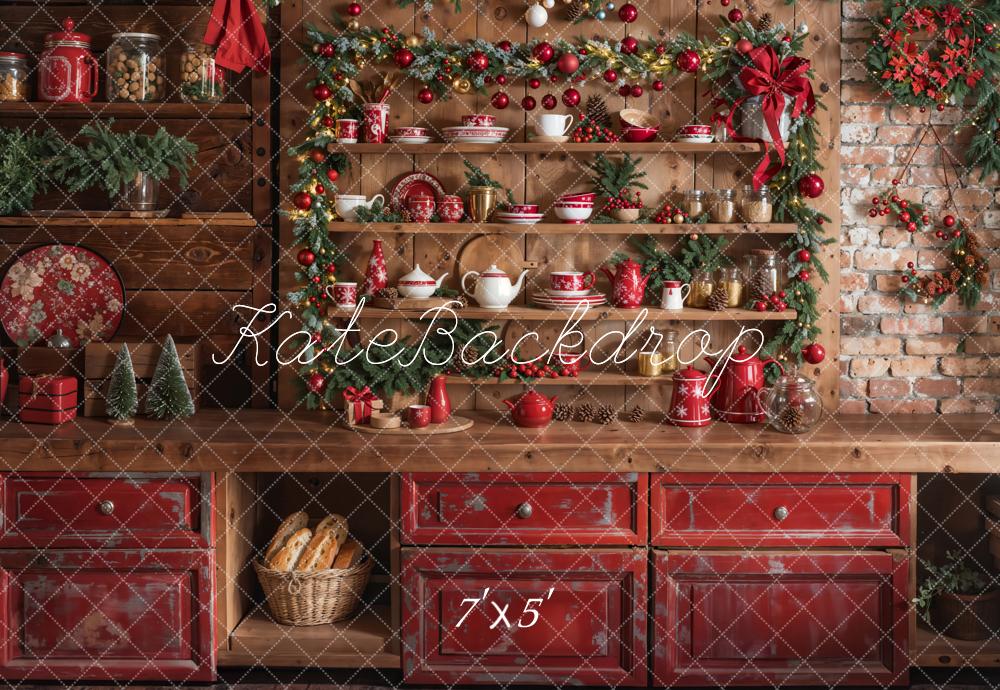 Kate Christmas Kitchen Red Cupboard Backdrop Designed by Emetselch - Image 2