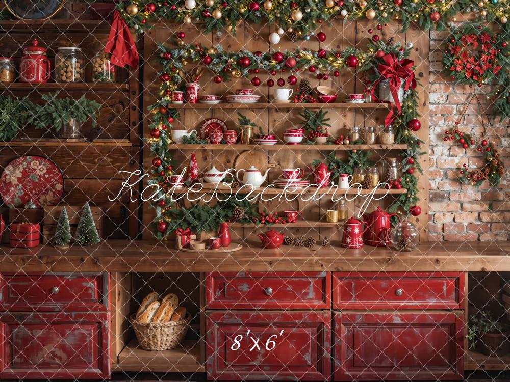 Kate Christmas Kitchen Red Cupboard Backdrop Designed by Emetselch - Image 9