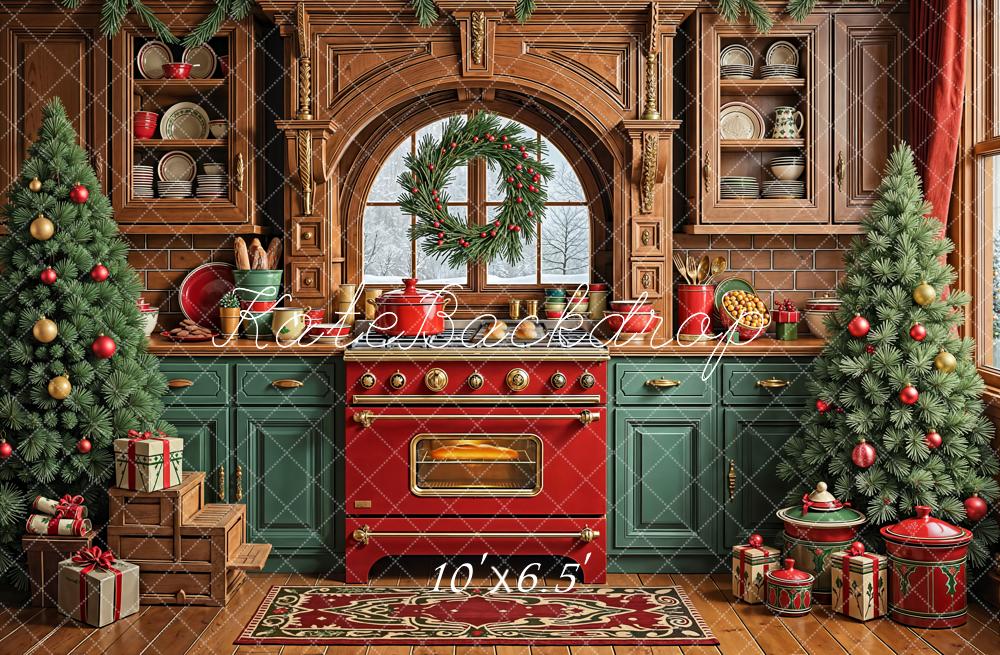 Kate Christmas Kitchen Trees Red Oven Fleece Backdrop Designed by Emetselch - Image 2