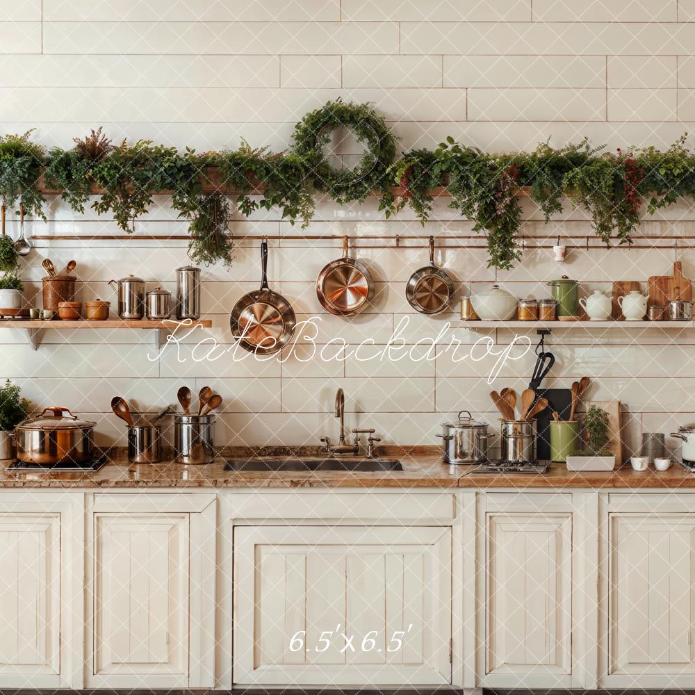 Kate Christmas Kitchen White Cabinets Cookware Backdrop Designed by Emetselch - Image 2