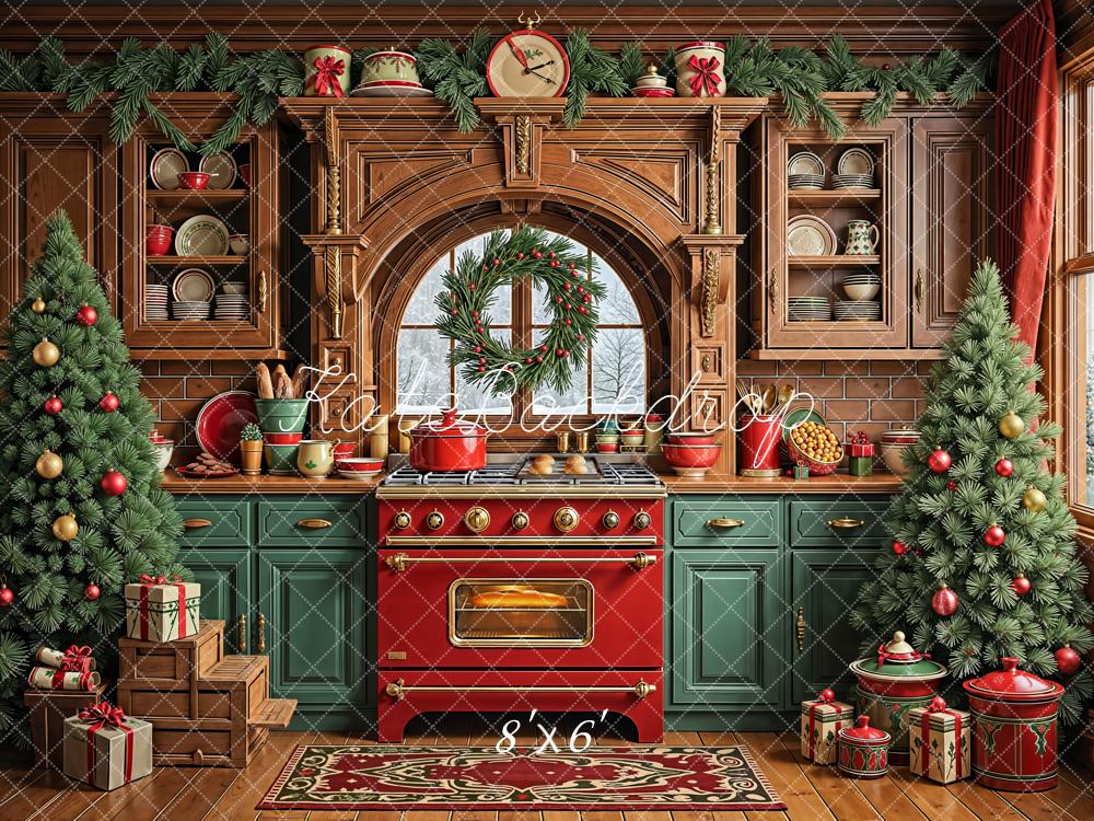 Kate Christmas Kitchen Wreath Decorated Trees Backdrop Designed by Emetselch - Image 3