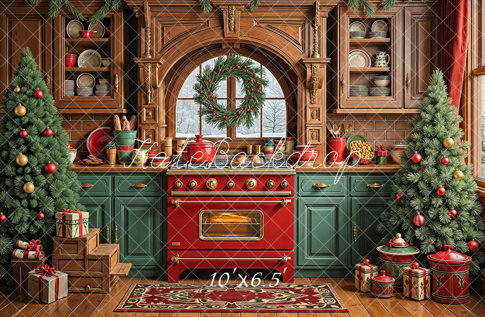 Kate Christmas Kitchen Wreath Decorated Trees Backdrop Designed by Emetselch - Image 4