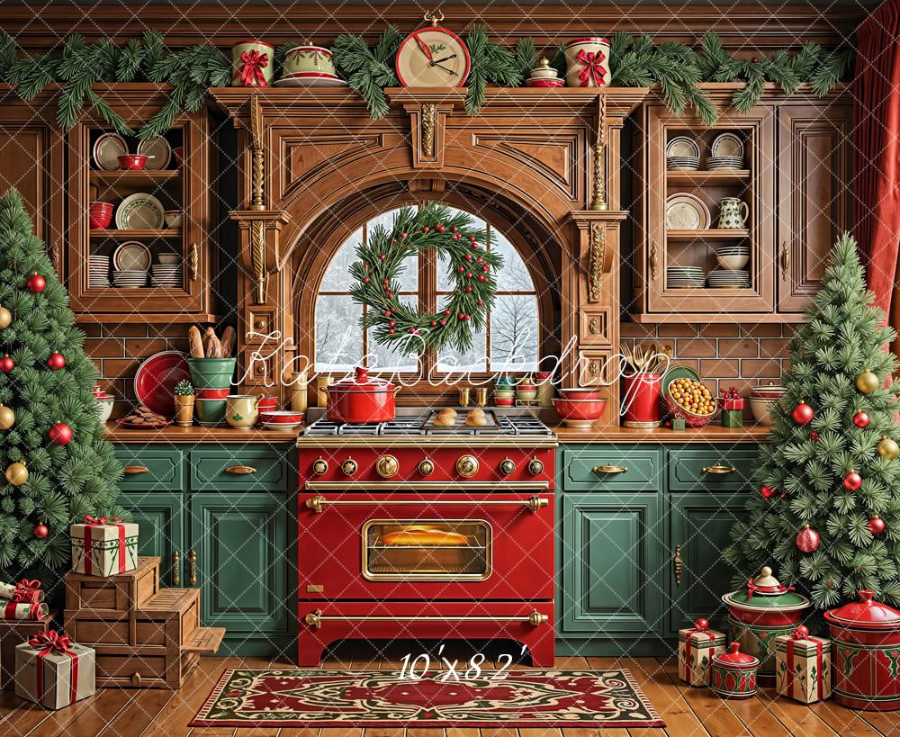 Kate Christmas Kitchen Wreath Decorated Trees Backdrop Designed by Emetselch - Image 6