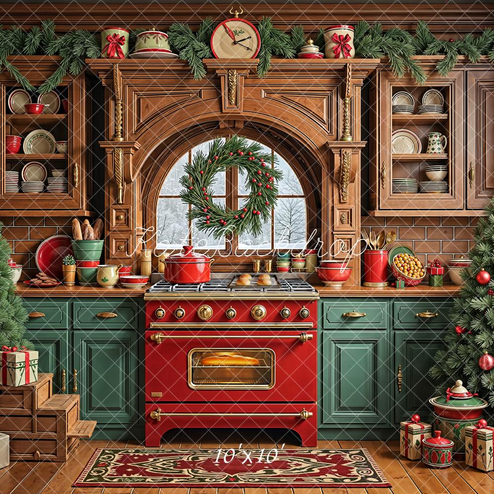 Kate Christmas Kitchen Wreath Decorated Trees Backdrop Designed by Emetselch - Image 7