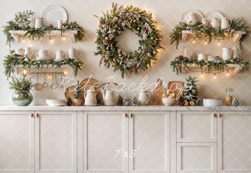 Kate Christmas Kitchen Wreath White Cabinet Backdrop Designed by Emetselch - Image 2