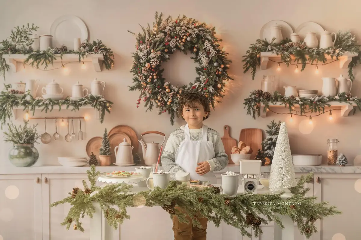 Kate Christmas Kitchen Wreath White Cabinet Backdrop Designed by Emetselch - Image 3
