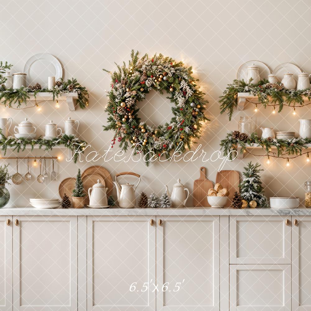 Kate Christmas Kitchen Wreath White Cabinet Backdrop Designed by Emetselch - Image 6