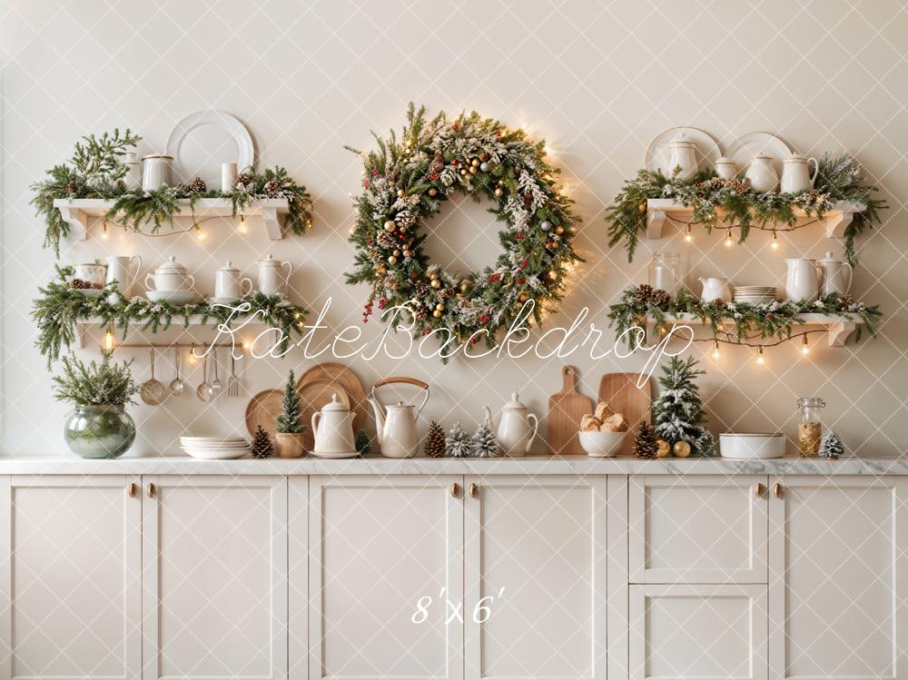 Kate Christmas Kitchen Wreath White Cabinet Backdrop Designed by Emetselch - Image 7
