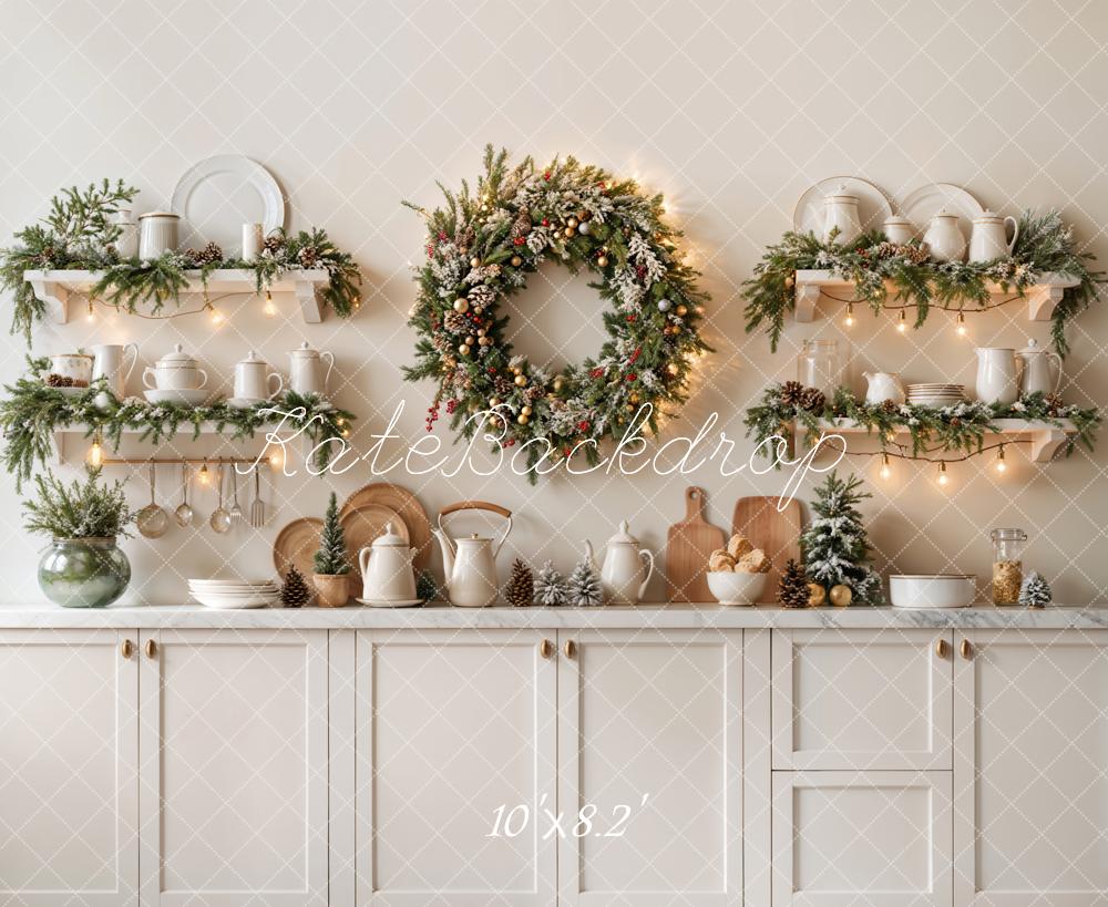 Kate Christmas Kitchen Wreath White Cabinet Backdrop Designed by Emetselch - Image 9