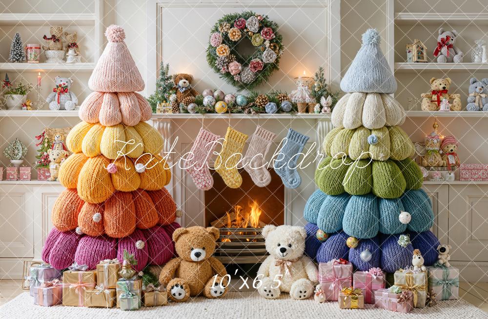 Kate Christmas Knitted Trees Fireplace Fleece Backdrop Designed by Emetselch - Image 2