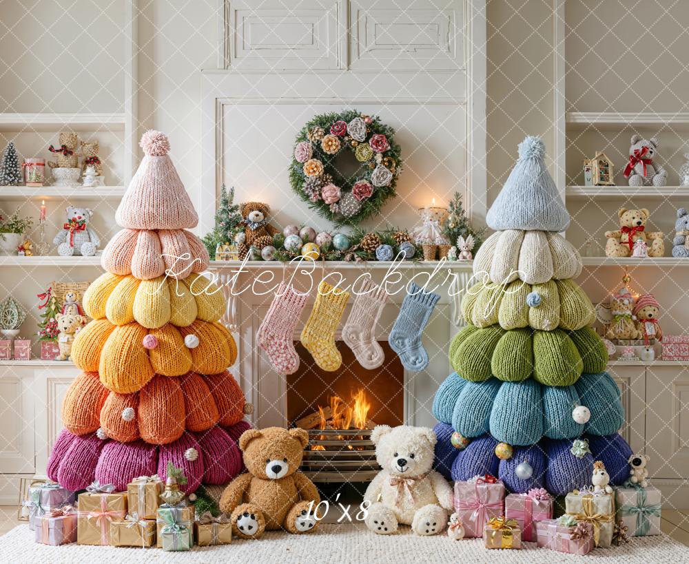 Kate Christmas Knitted Trees Fireplace Fleece Backdrop Designed by Emetselch - Image 3