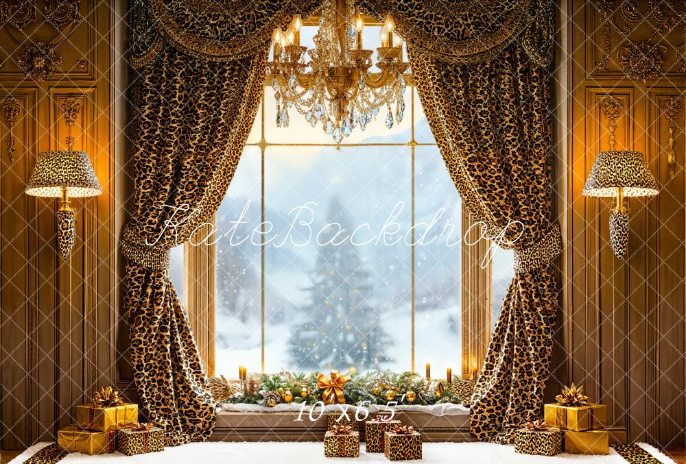 Kate Christmas Leopard Curtains Window Gifts Fleece Backdrop Designed by Emetselch - Image 2