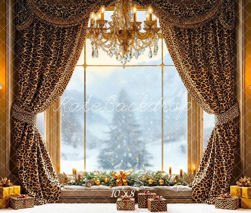 Kate Christmas Leopard Curtains Window Gifts Fleece Backdrop Designed by Emetselch - Image 3