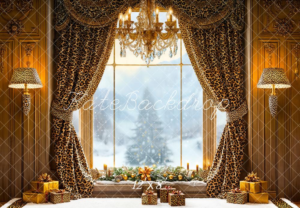 Kate Christmas Leopard Curtains Window Gifts Fleece Backdrop Designed by Emetselch - Image 4