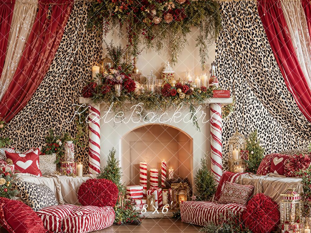 Kate Christmas Fireplace Garland Leopard Fleece Backdrop Designed by Emetselch