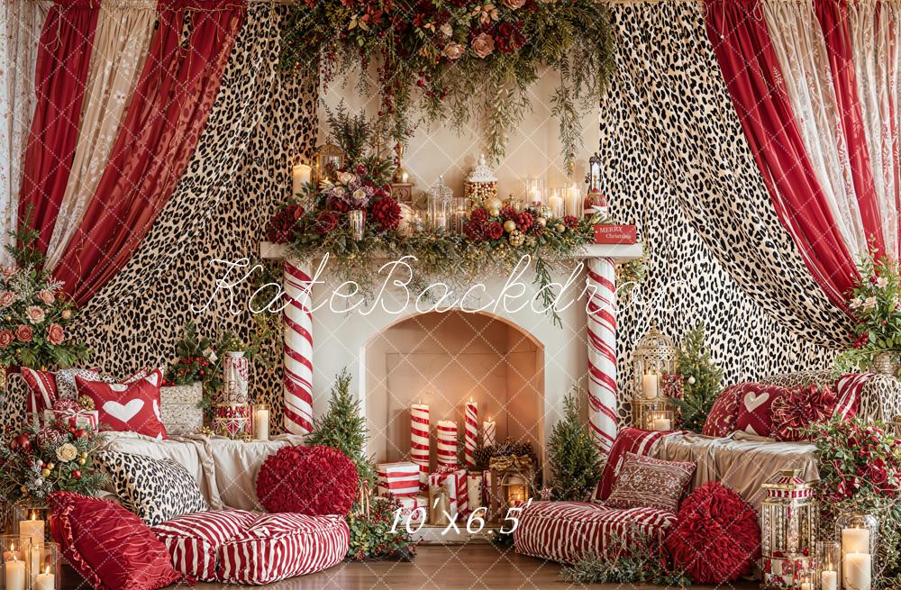 Kate Christmas Fireplace Garland Leopard Fleece Backdrop Designed by Emetselch - Image 2