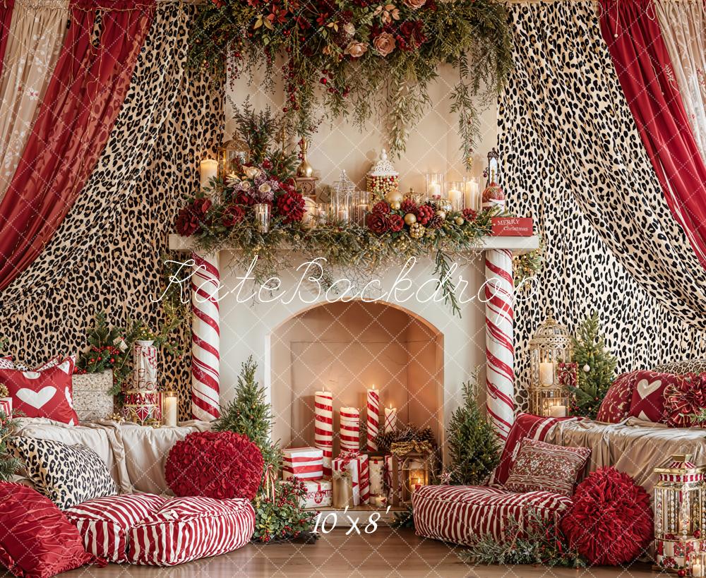 Kate Christmas Fireplace Garland Leopard Fleece Backdrop Designed by Emetselch - Image 3