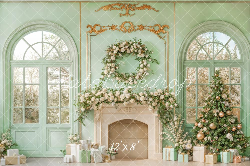 Kate Christmas Mint Fireplace Fleece Backdrop Designed by Emetselch - Image 2