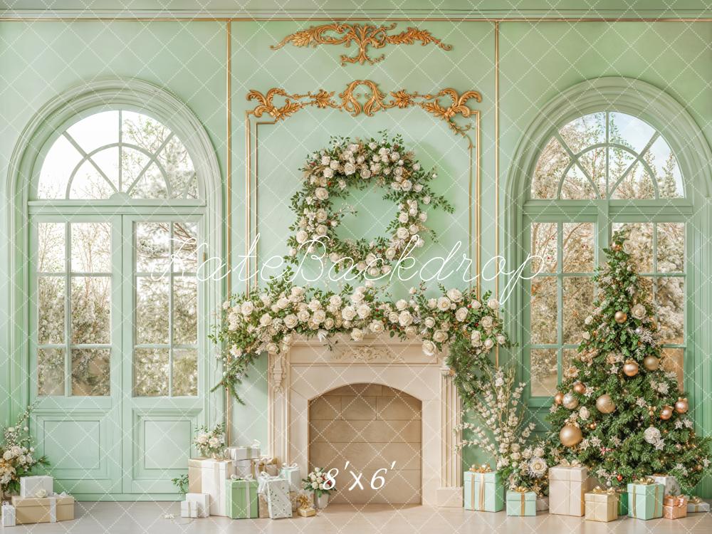 Kate Christmas Mint Fireplace Fleece Backdrop Designed by Emetselch - Image 3